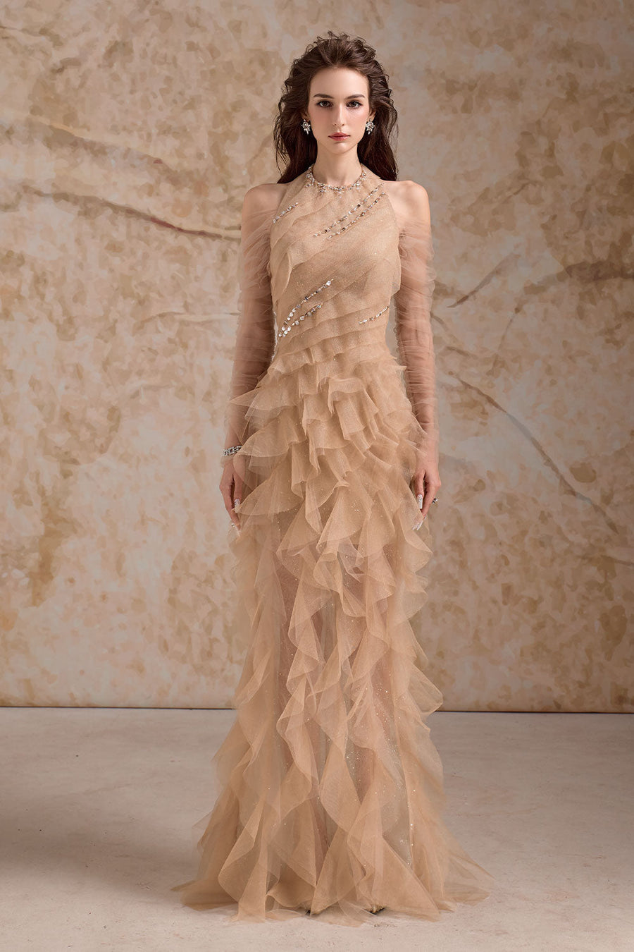 Aurielle Sheath Ruffle Trim Mesh Floor Length Dress Gown Dress Calista de Minh Thanh