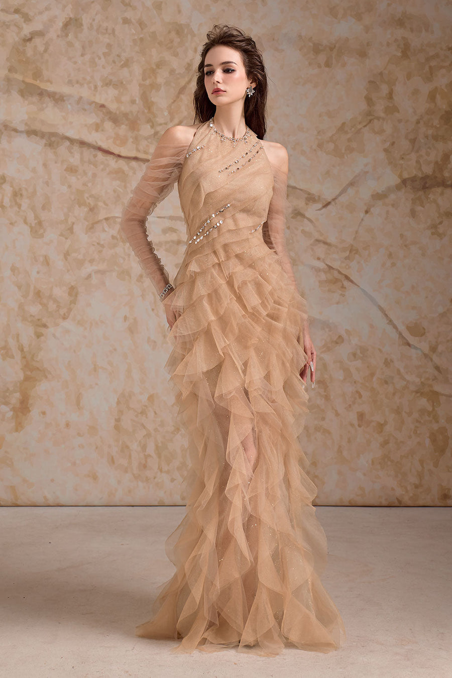 Aurielle Sheath Ruffle Trim Mesh Floor Length Dress Gown Dress Calista de Minh Thanh