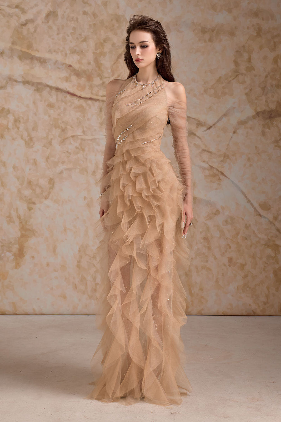 Aurielle Sheath Ruffle Trim Mesh Floor Length Dress Gown Dress Calista de Minh Thanh