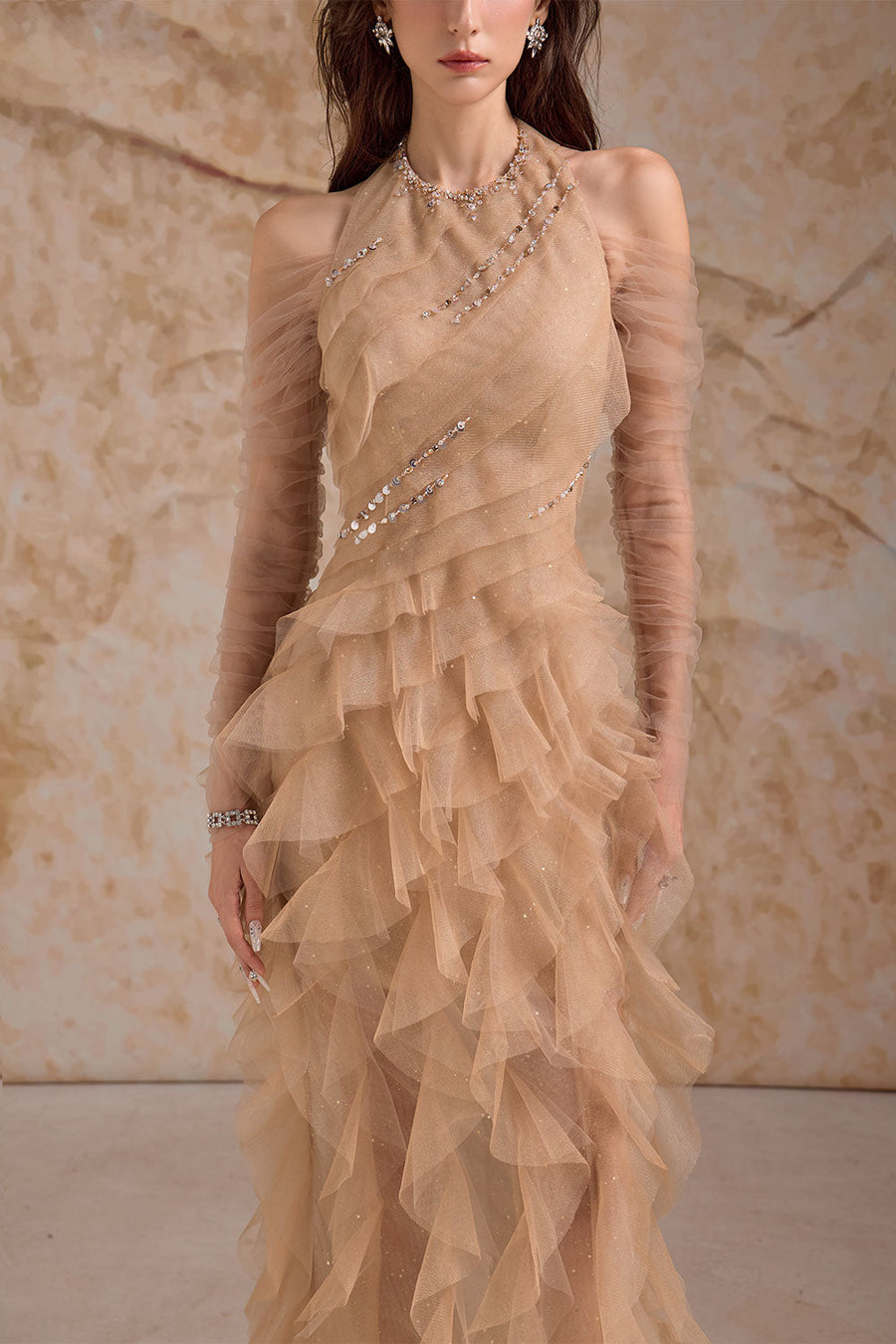 Aurielle Sheath Ruffle Trim Mesh Floor Length Dress Gown Dress Calista de Minh Thanh
