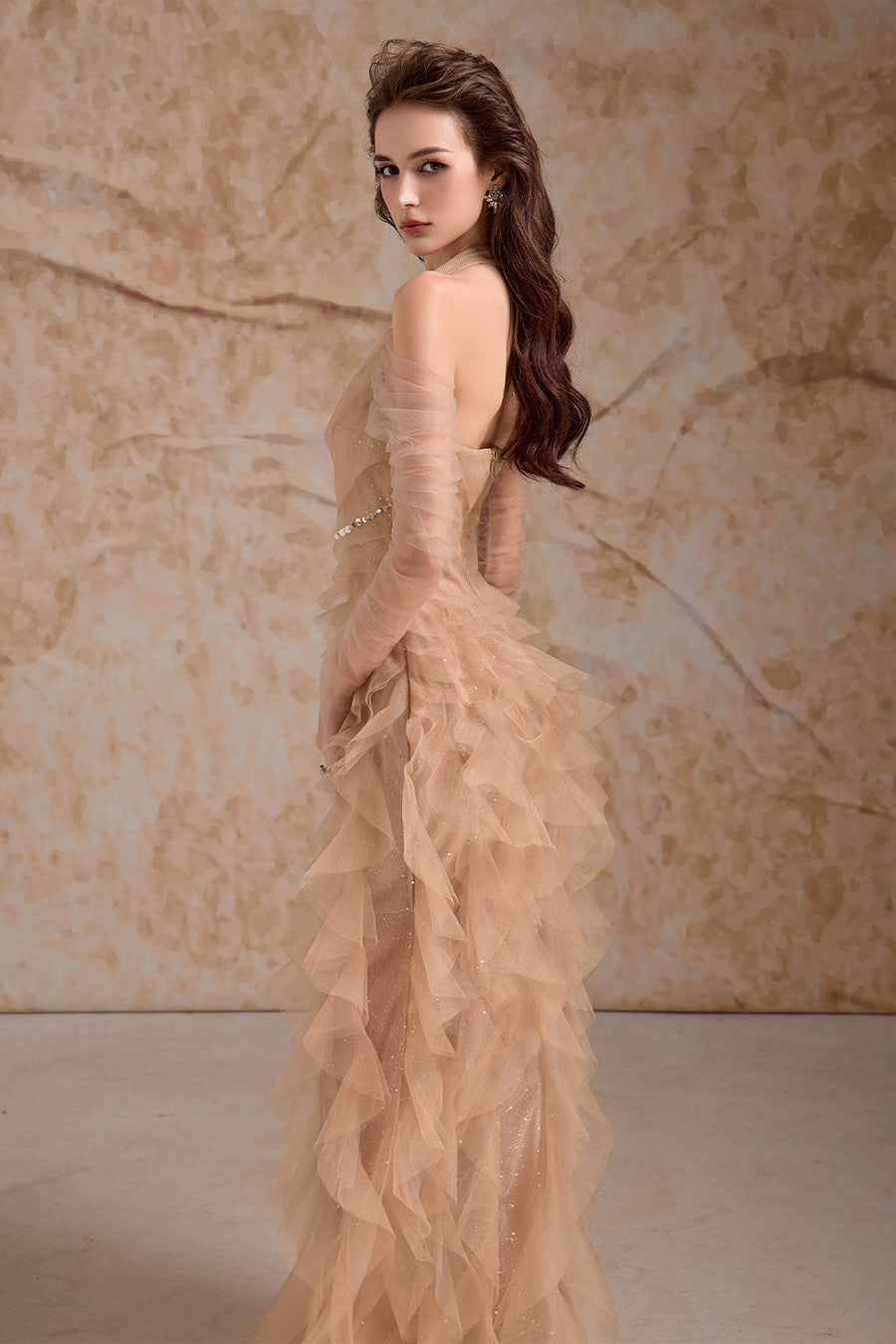Aurielle Sheath Ruffle Trim Mesh Floor Length Dress Gown Dress Calista de Minh Thanh