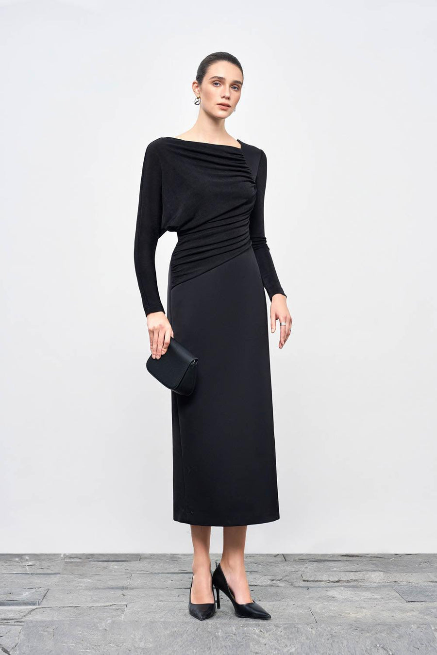 Mirabel A-line Back Slit Taffeta Midi Dress Black Midi Dress Eegen Studio