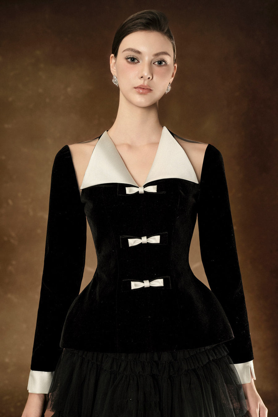 Nalia Peplum Cut-Out Velvet Top Black and White Long Sleeved Top Delicate