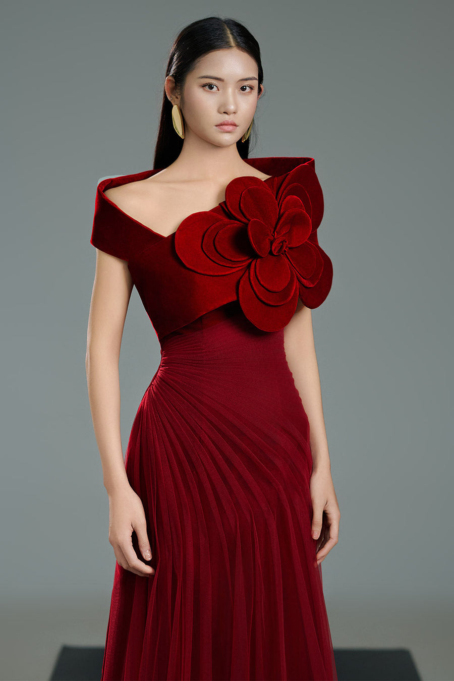 Lester A-line Side Pleated Polyester Floor Length Dress 12