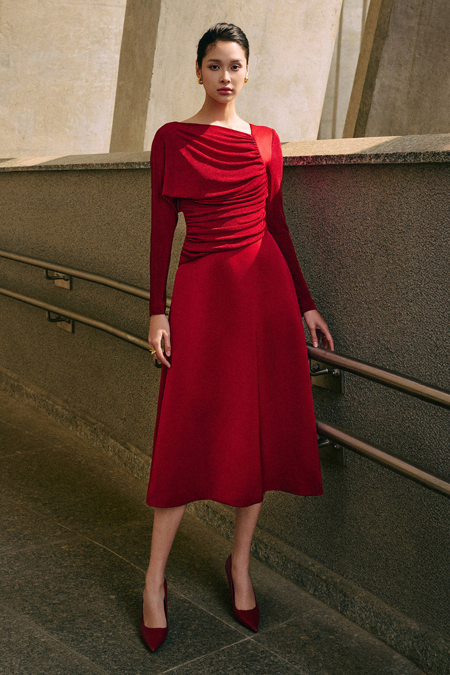 Bright A-line Diagonal Neck Spandex Taffeta Calf Length Dress 7