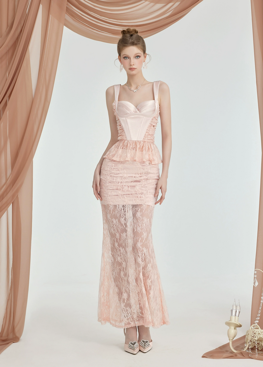 RESSALINA Lefae Lace Satin Splicing Fishbone Atmosphere Set Half Skirt Strap Two Piece Set Summer Set RESSALINA