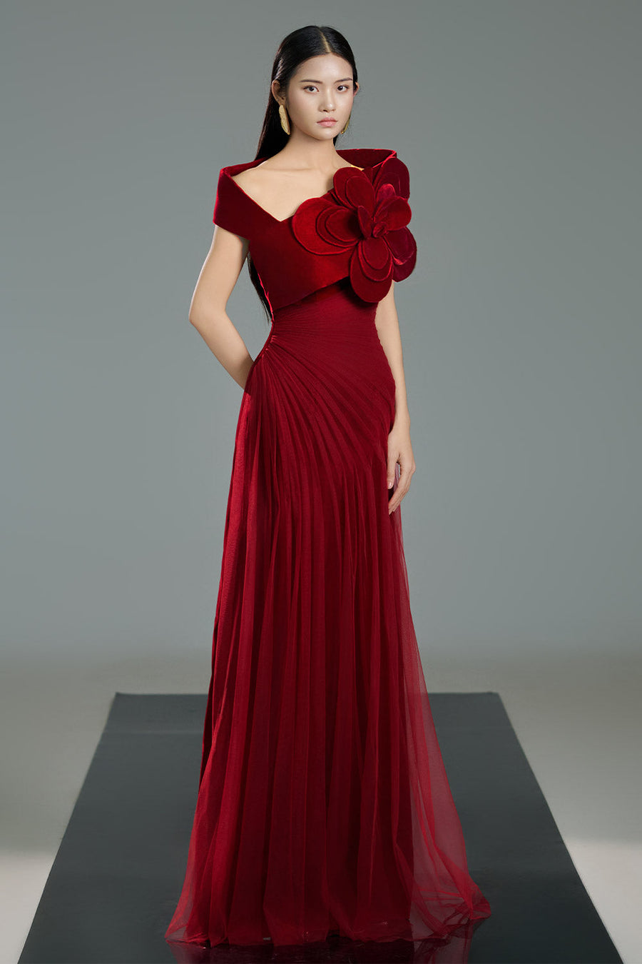 Lester A-line Side Pleated Polyester Floor Length Dress 13