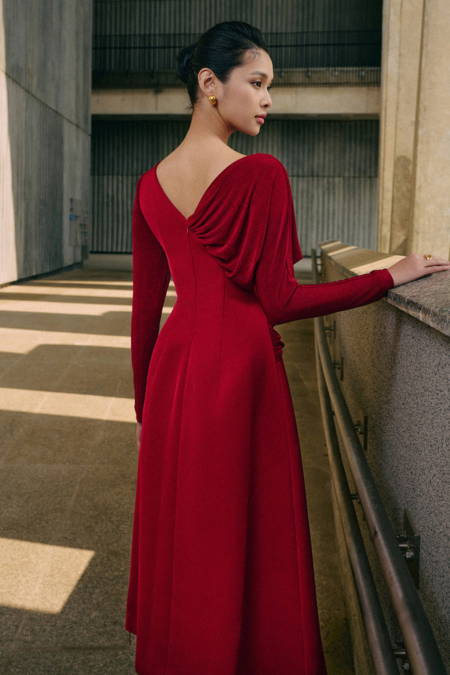 Bright A-line Diagonal Neck Spandex Taffeta Calf Length Dress 8