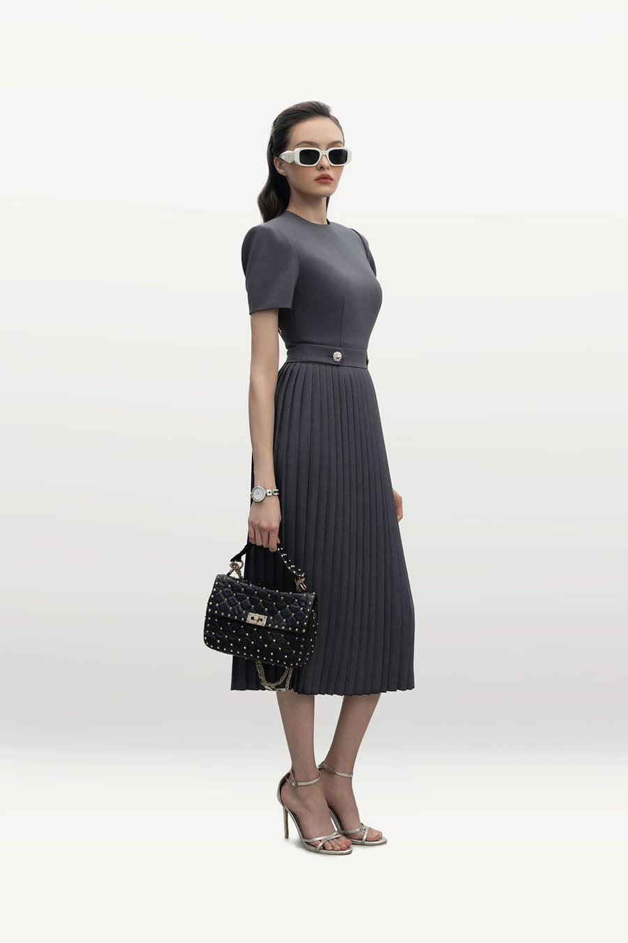 Gabriella Pleated Round Neck Punto Midi Dress 9