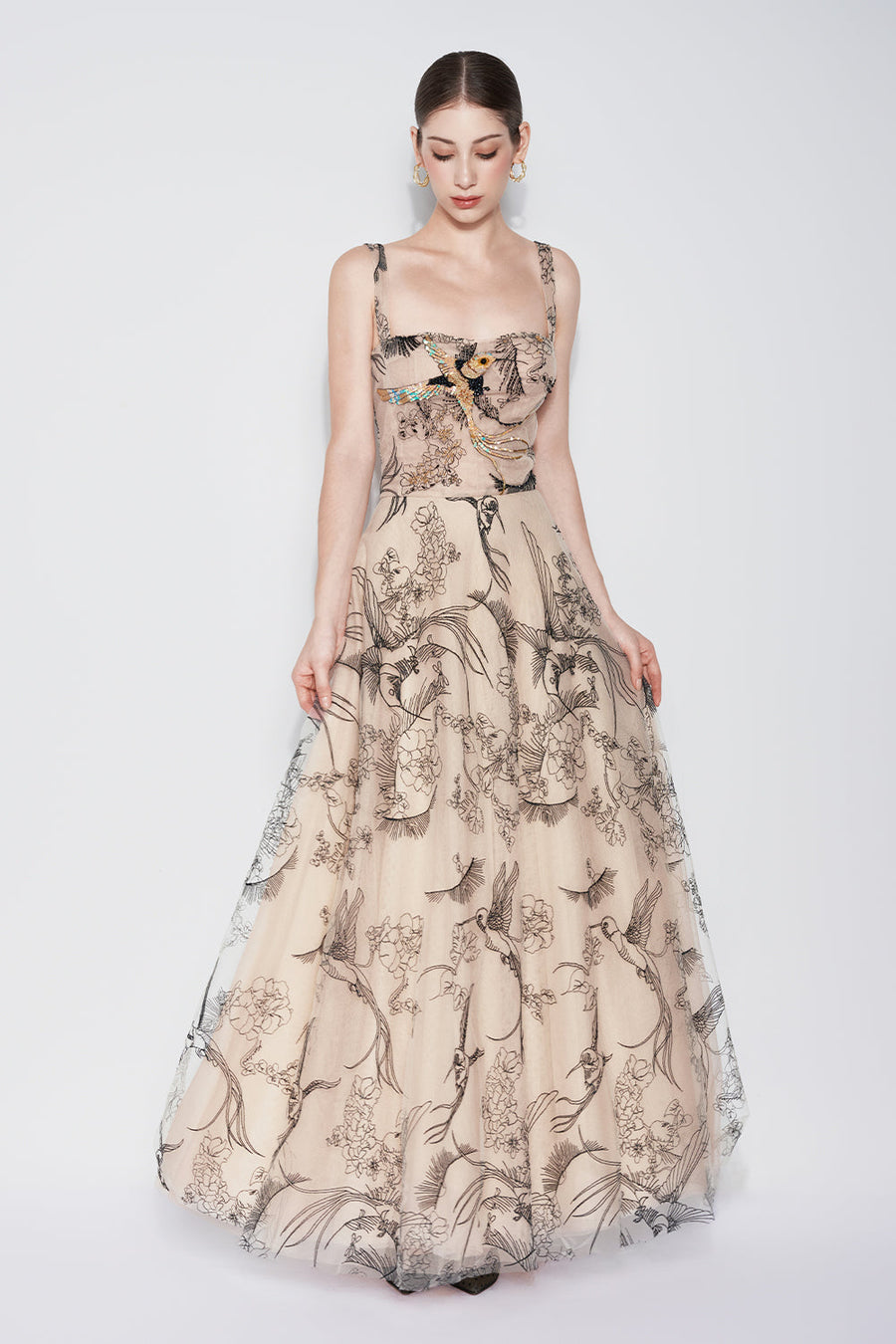 Timeless Crane A-line Semi-Heart Neck Tulle Maxi Dress Maxi Dress CHYMEOCHY