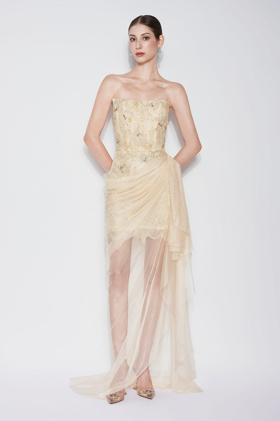 Butterfly Reverie Sarong Semi-Heart Neck Lace Floor Length Dress Maxi Dress CHYMEOCHY