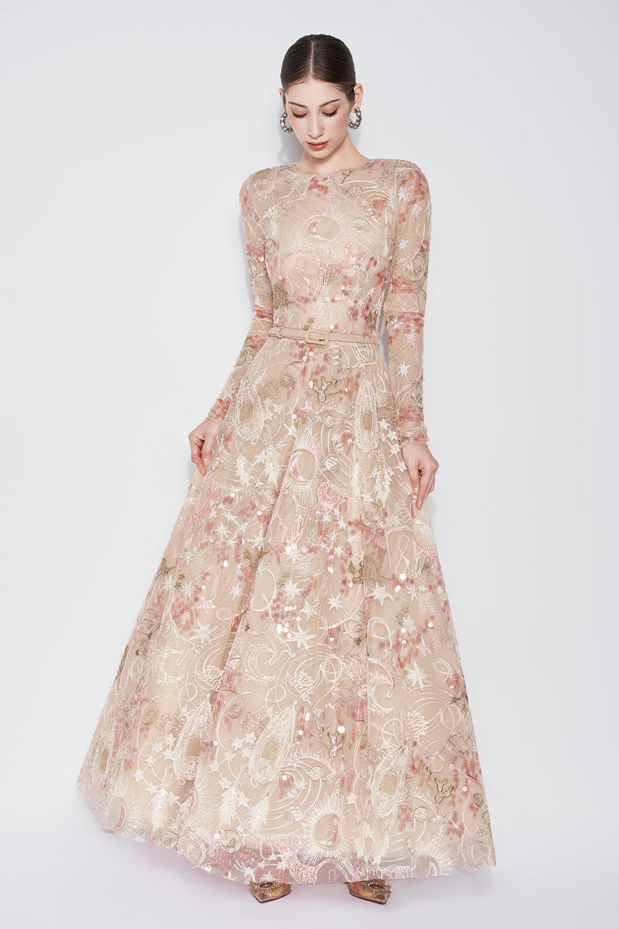 Tidal Whisper A-line Jewel Neck Embroidered Lace Maxi Dress Gown Dress CHYMEOCHY