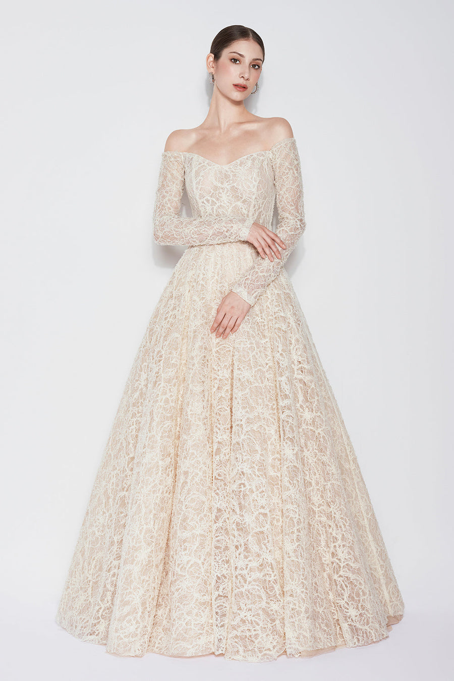 Ethereal Blossom Ball Gown Long Sleeved Lace Floor Length Dress Gown Dress CHYMEOCHY