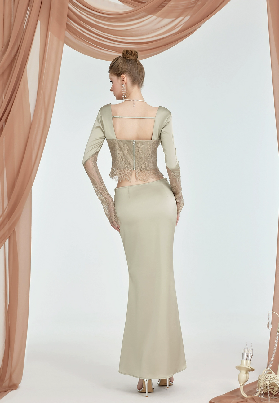 Lyra lace patchwork backless top summer new fish tail half length long skirt two piece set for women Set sheer luck