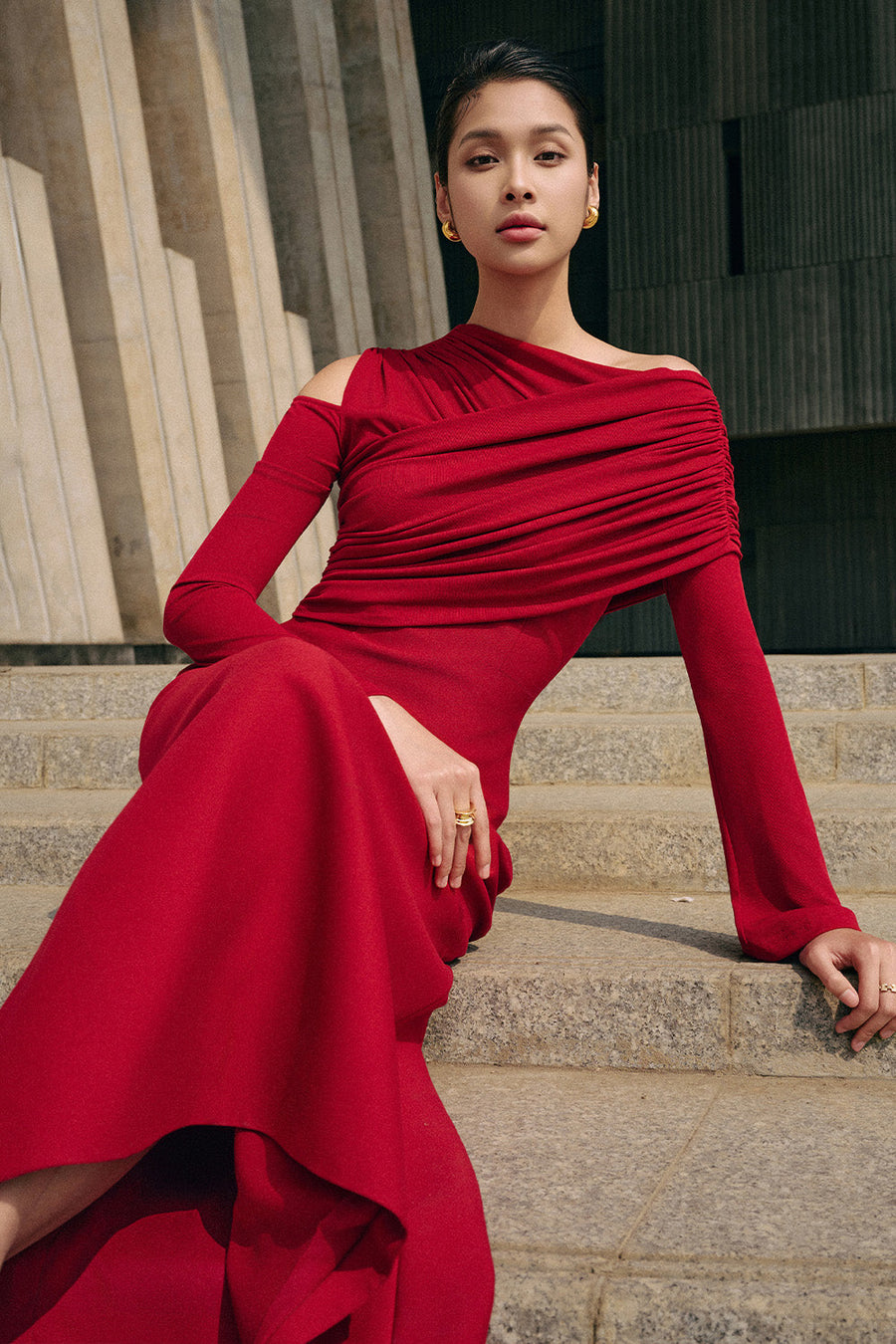 Luminous A-line Asymmetric Shoulder Jersey Maxi Dress 8