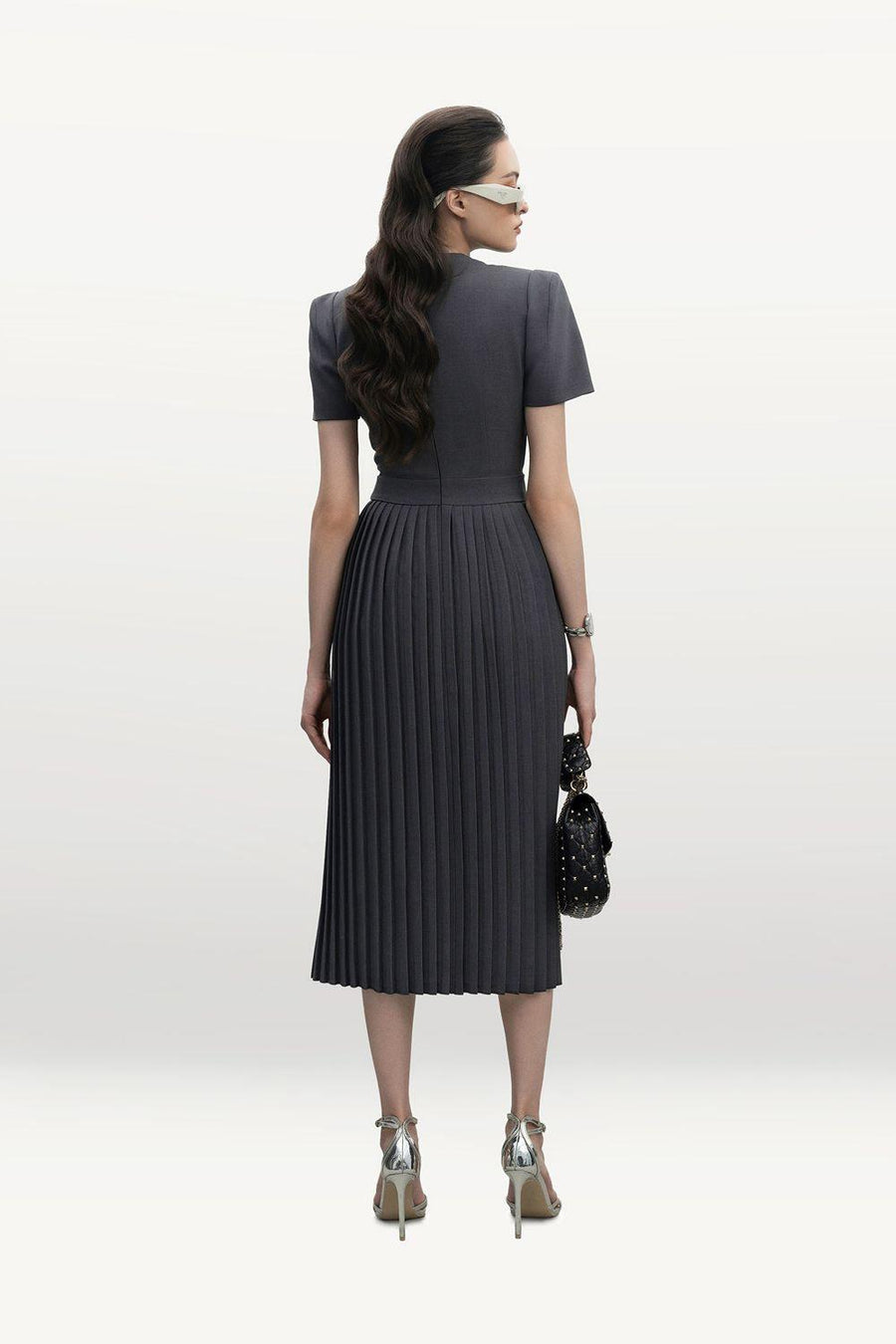 Gabriella Pleated Round Neck Punto Midi Dress 8