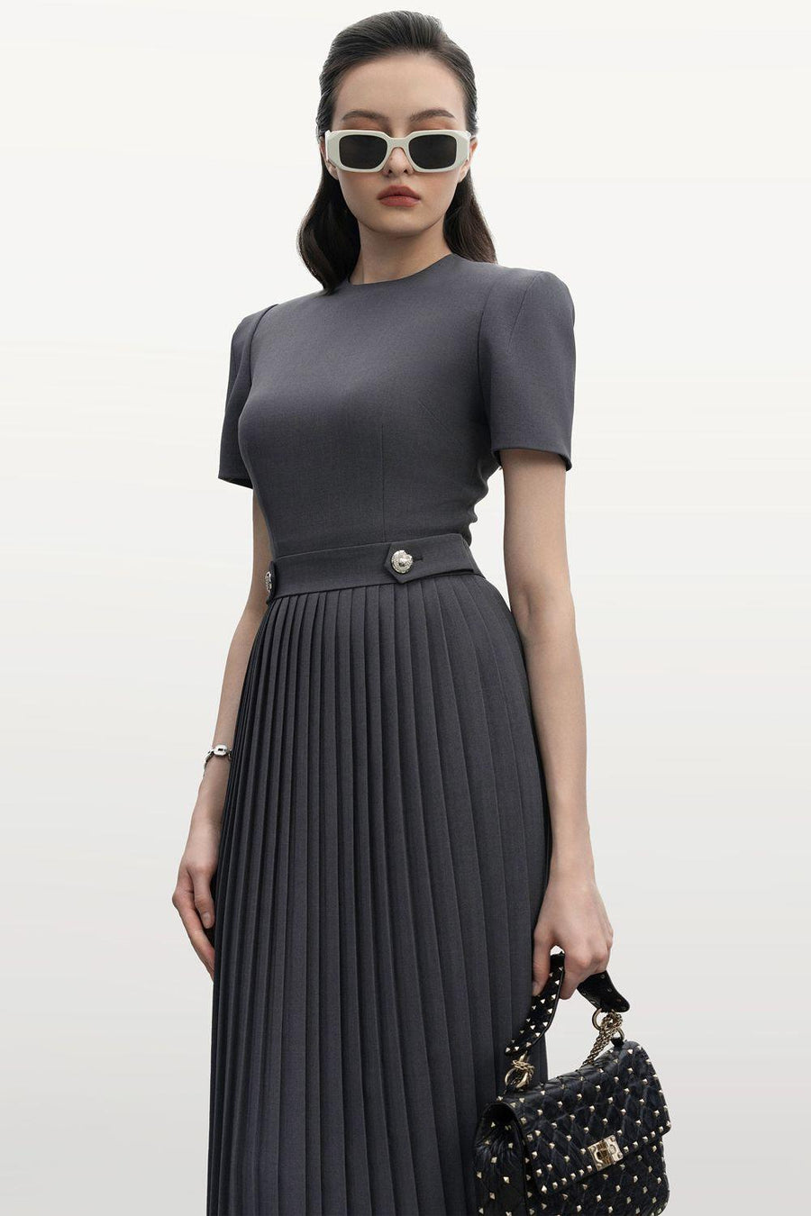 Gabriella Pleated Round Neck Punto Midi Dress 7