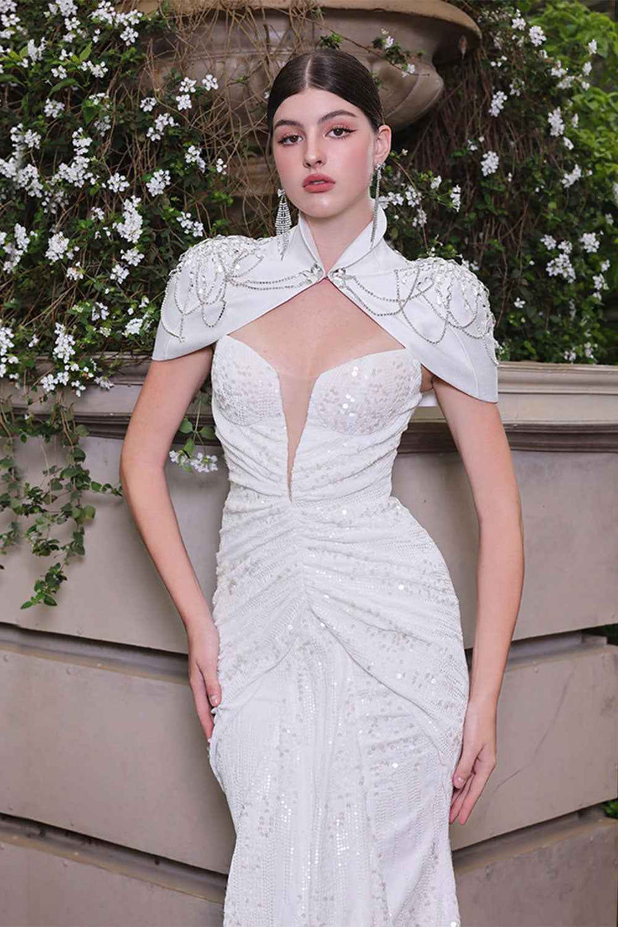 Majestic Sarong Cape Shoulder Sequin Floor Length Dress