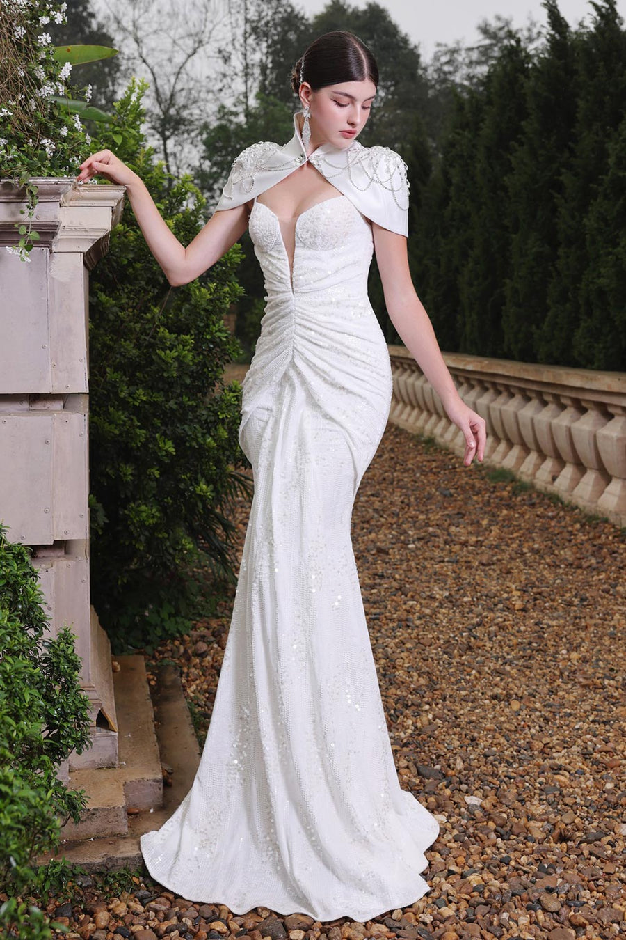 Majestic Sarong Cape Shoulder Sequin Floor Length Dress 7