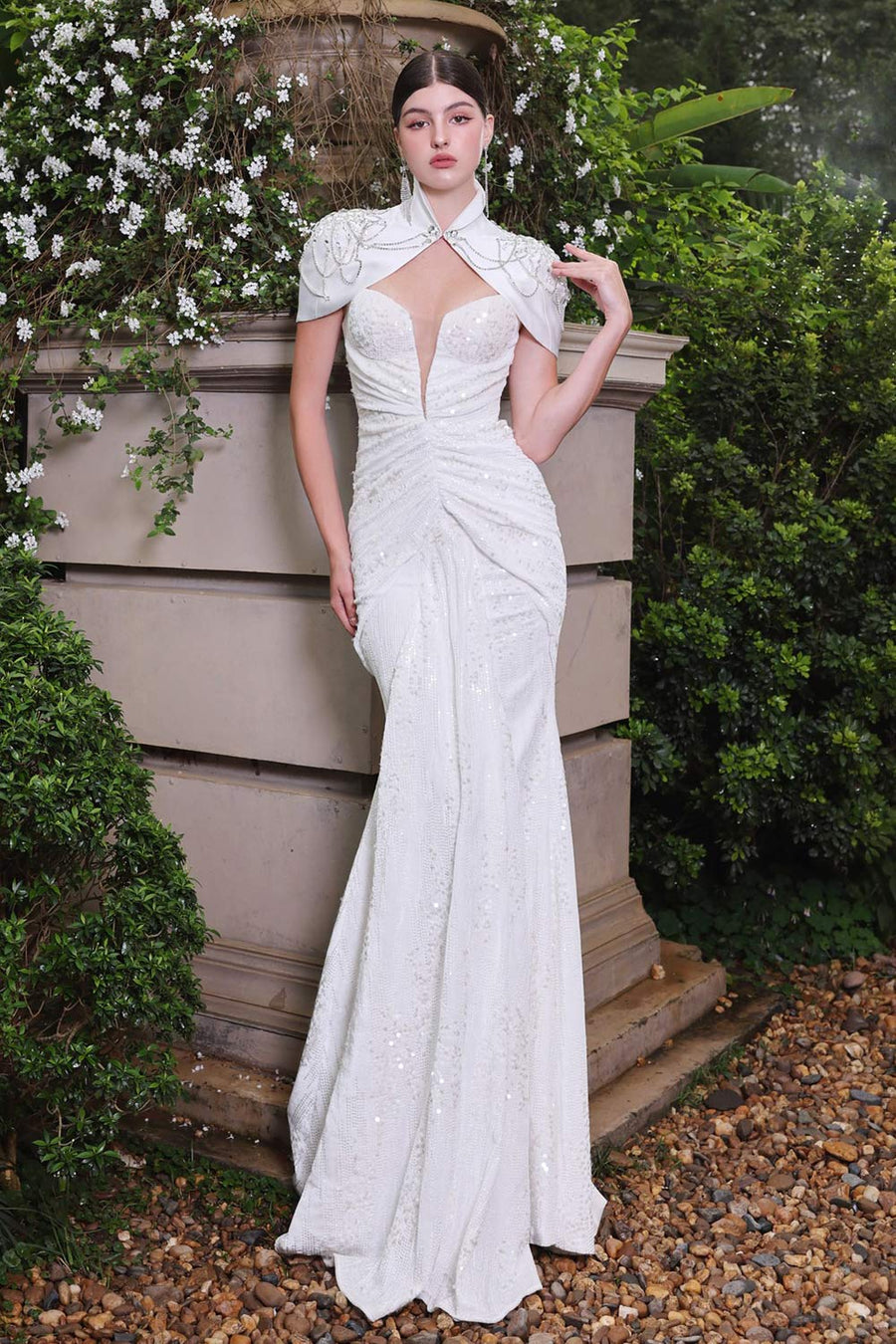 Majestic Sarong Cape Shoulder Sequin Floor Length Dress 5
