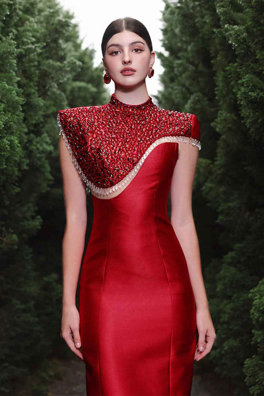 Revelry Sheath Cape Shoulder Taffeta Floor Length Dress