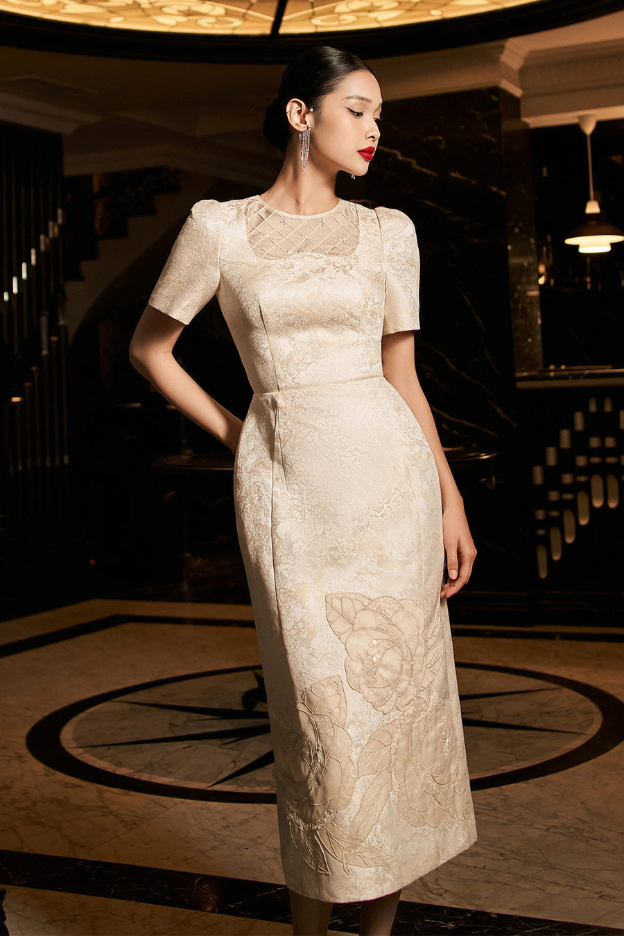 Jennifer Sheath Round Neck Jacquard Midi Dress Midi Dress IVY moda
