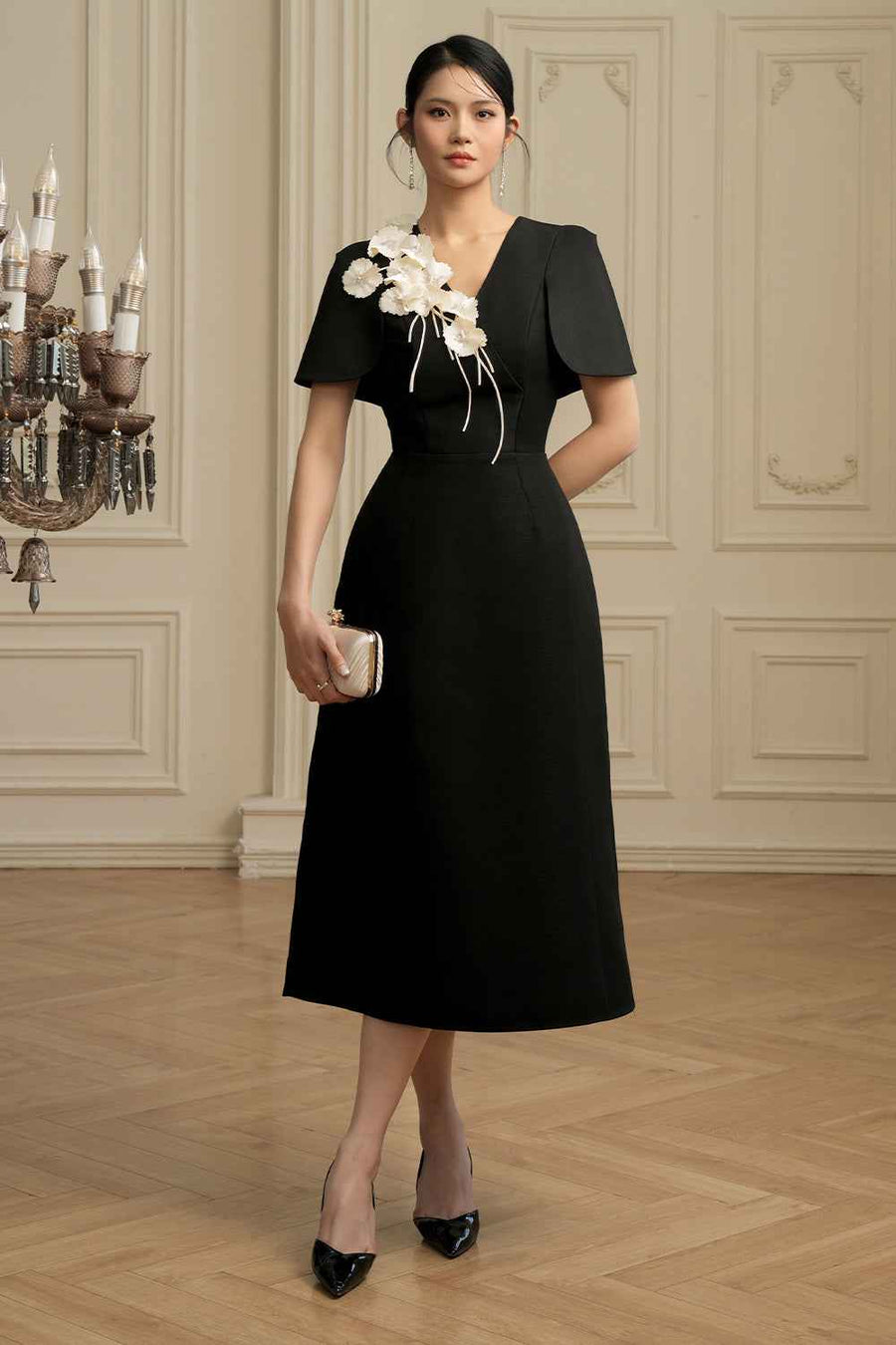 Noir A-line V-Neck Taffeta Midi Dress