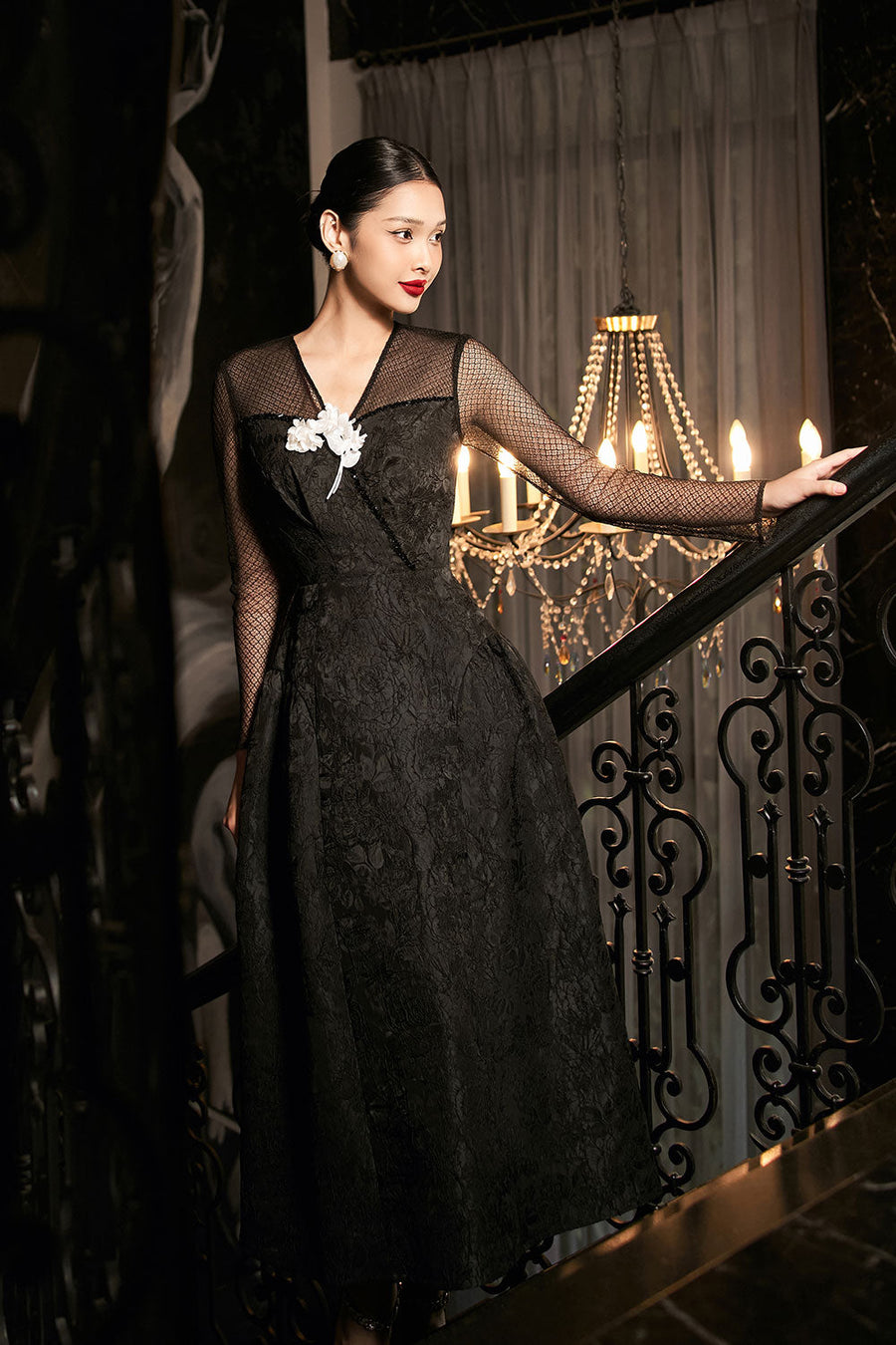 Orchid A-line V-Neck Jacquard Calf Length Dress Midi Dress IVY moda