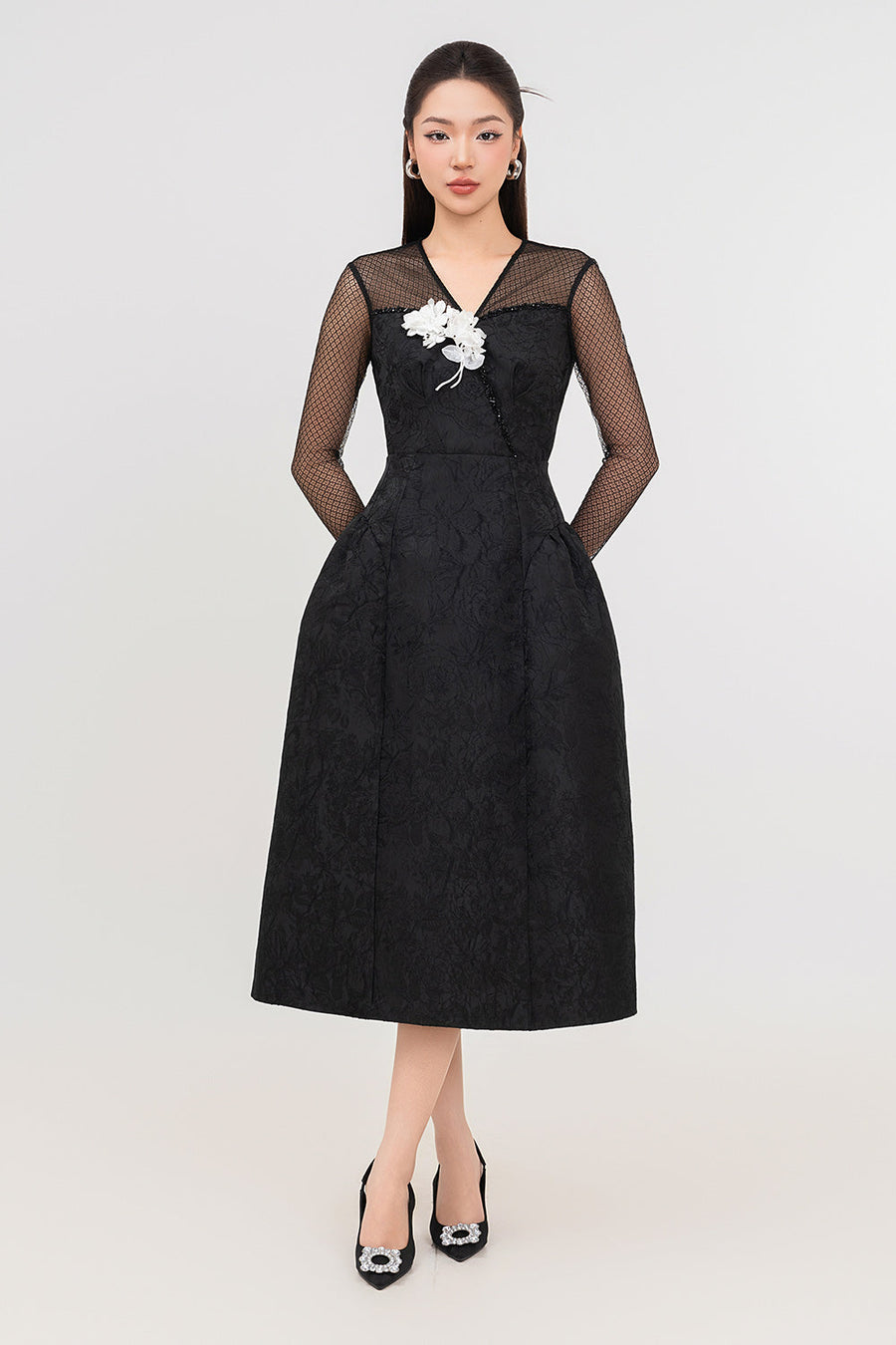 Orchid A-line V-Neck Jacquard Calf Length Dress Midi Dress IVY moda
