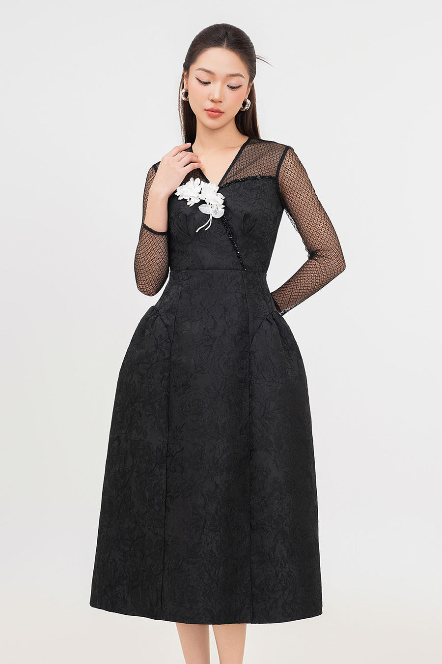 Orchid A-line V-Neck Jacquard Calf Length Dress Midi Dress IVY moda