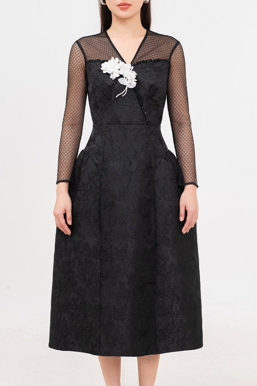 Orchid A-line V-Neck Jacquard Calf Length Dress Midi Dress IVY moda
