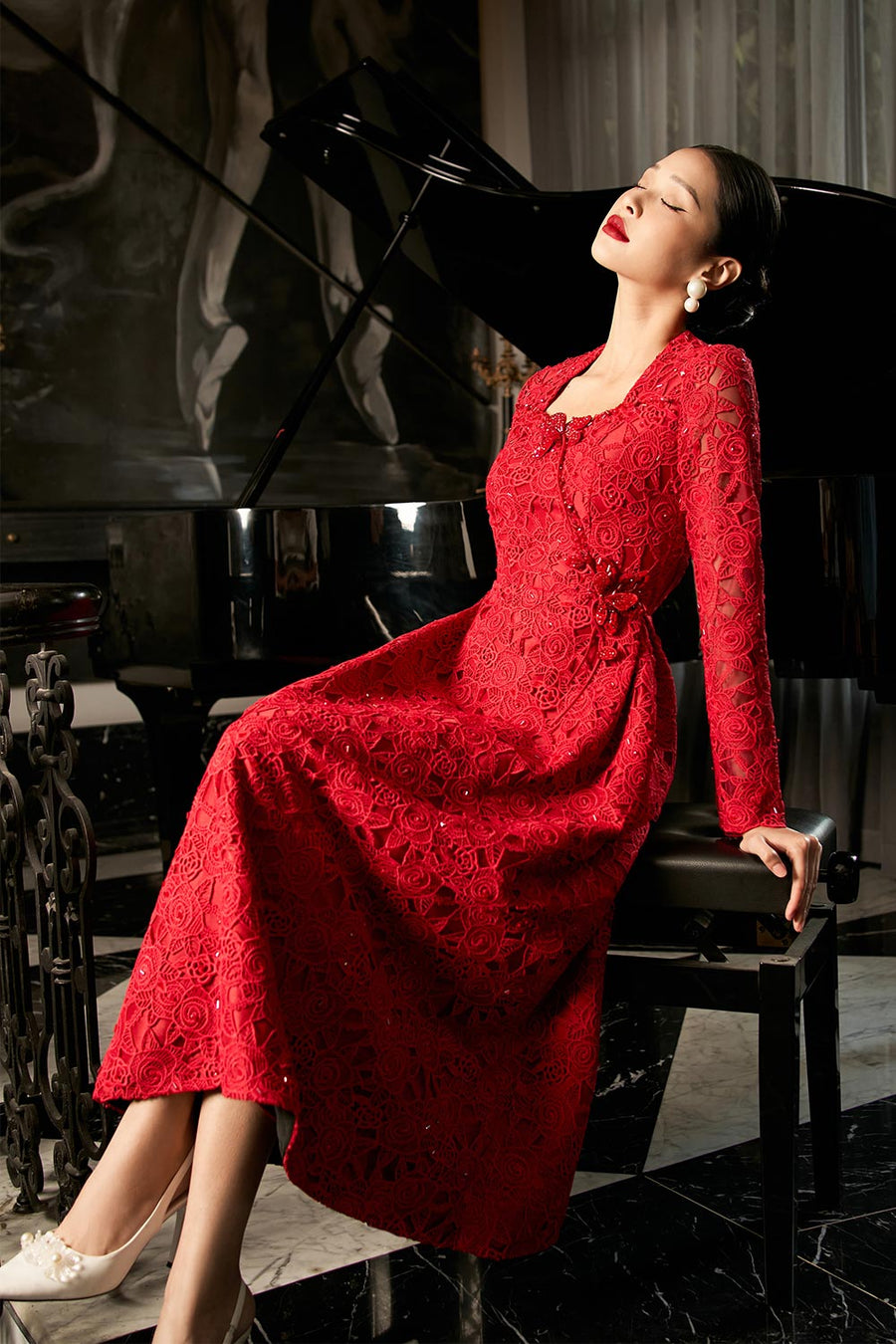 Starlit A-line Square Neck Lace Midi Dress Midi Dress IVY moda
