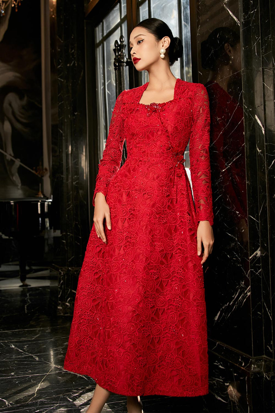 Starlit A-line Square Neck Lace Midi Dress Midi Dress IVY moda