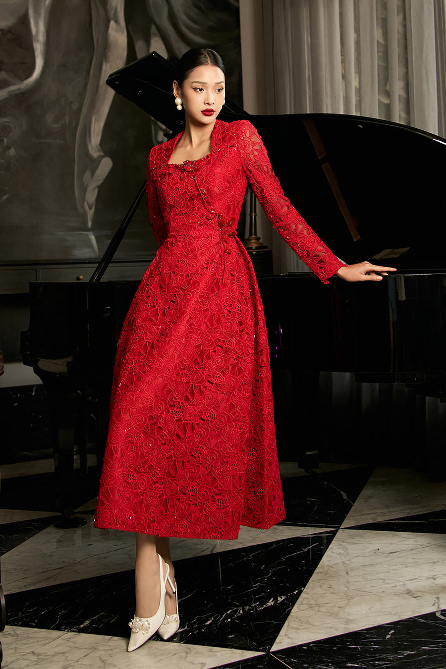 Starlit A-line Square Neck Lace Midi Dress Midi Dress IVY moda