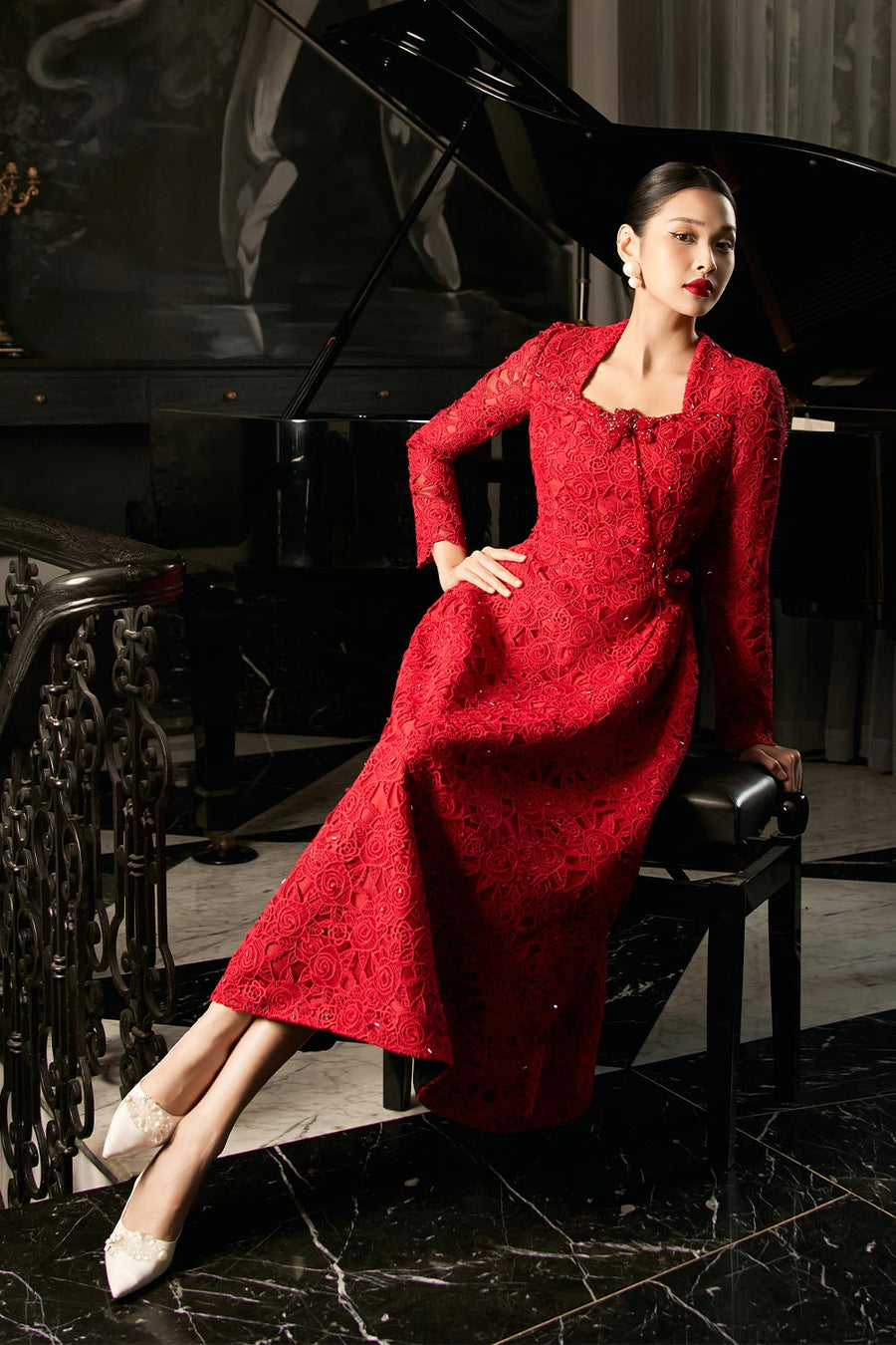 Starlit A-line Square Neck Lace Midi Dress Midi Dress IVY moda