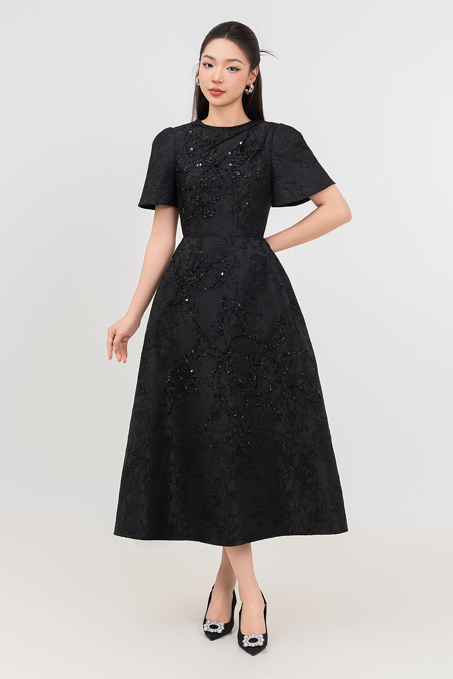 Pearl A-line Bead Jacquard Midi Dress Midi Dress IVY moda