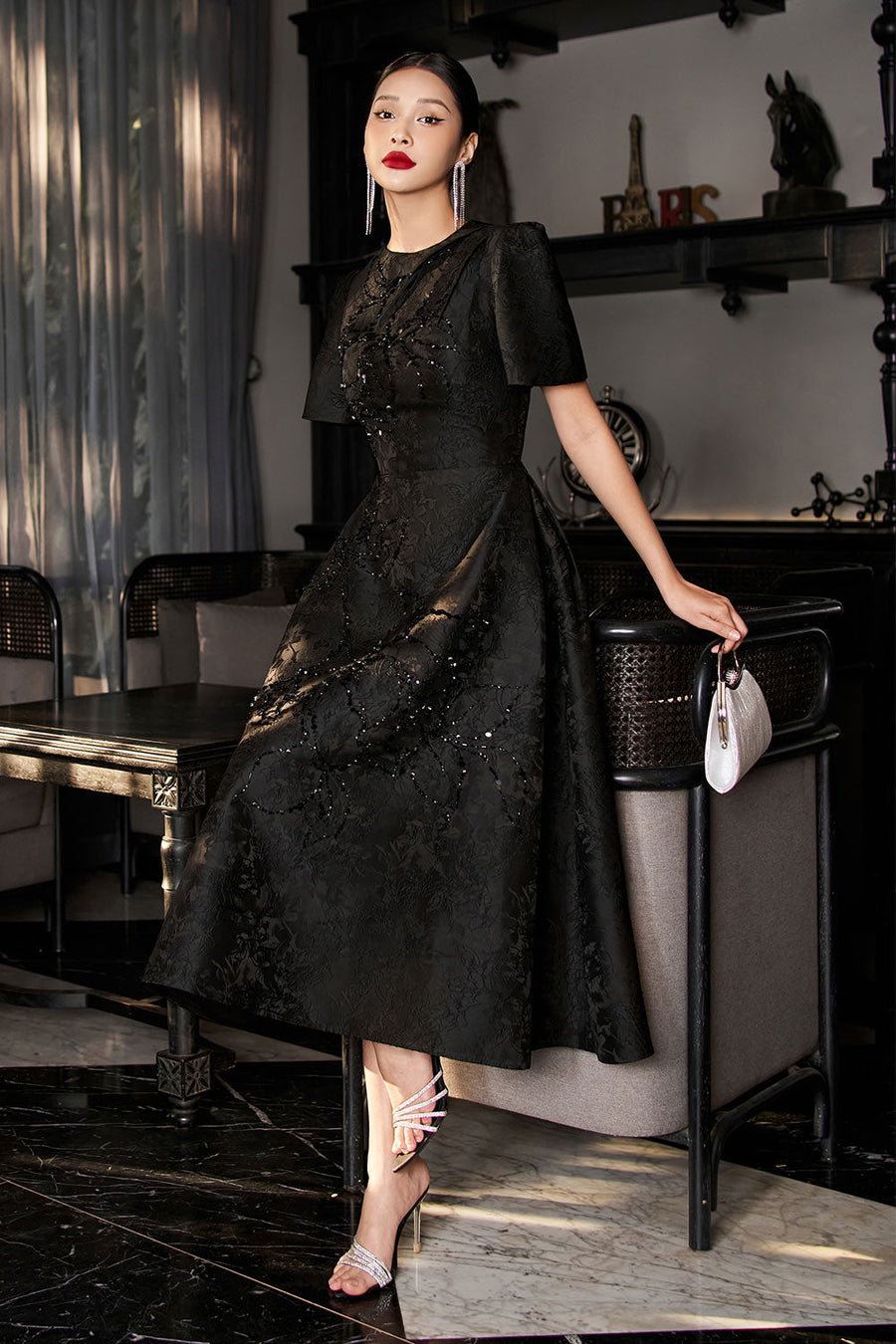 Pearl A-line Bead Jacquard Midi Dress Midi Dress IVY moda