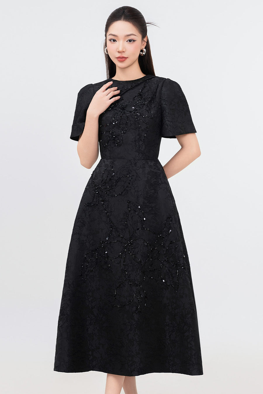 Pearl A-line Bead Jacquard Midi Dress Midi Dress IVY moda