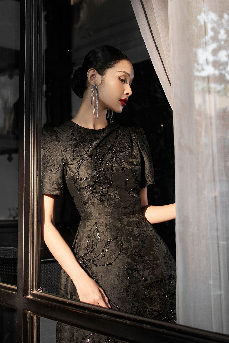 Pearl A-line Bead Jacquard Midi Dress Midi Dress IVY moda