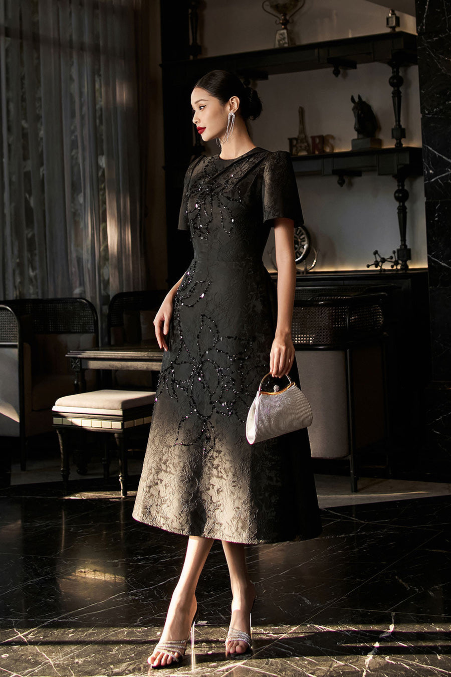 Pearl A-line Bead Jacquard Midi Dress Midi Dress IVY moda