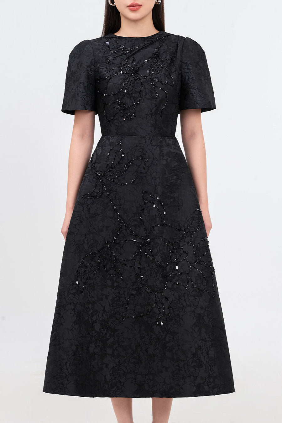 Pearl A-line Bead Jacquard Midi Dress Midi Dress IVY moda