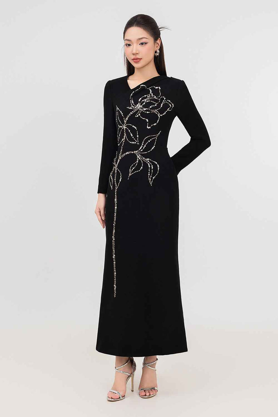 Celeste Trumpet Diagonal Neck Velvet Ankle Length Dress Maxi Dress IVY moda