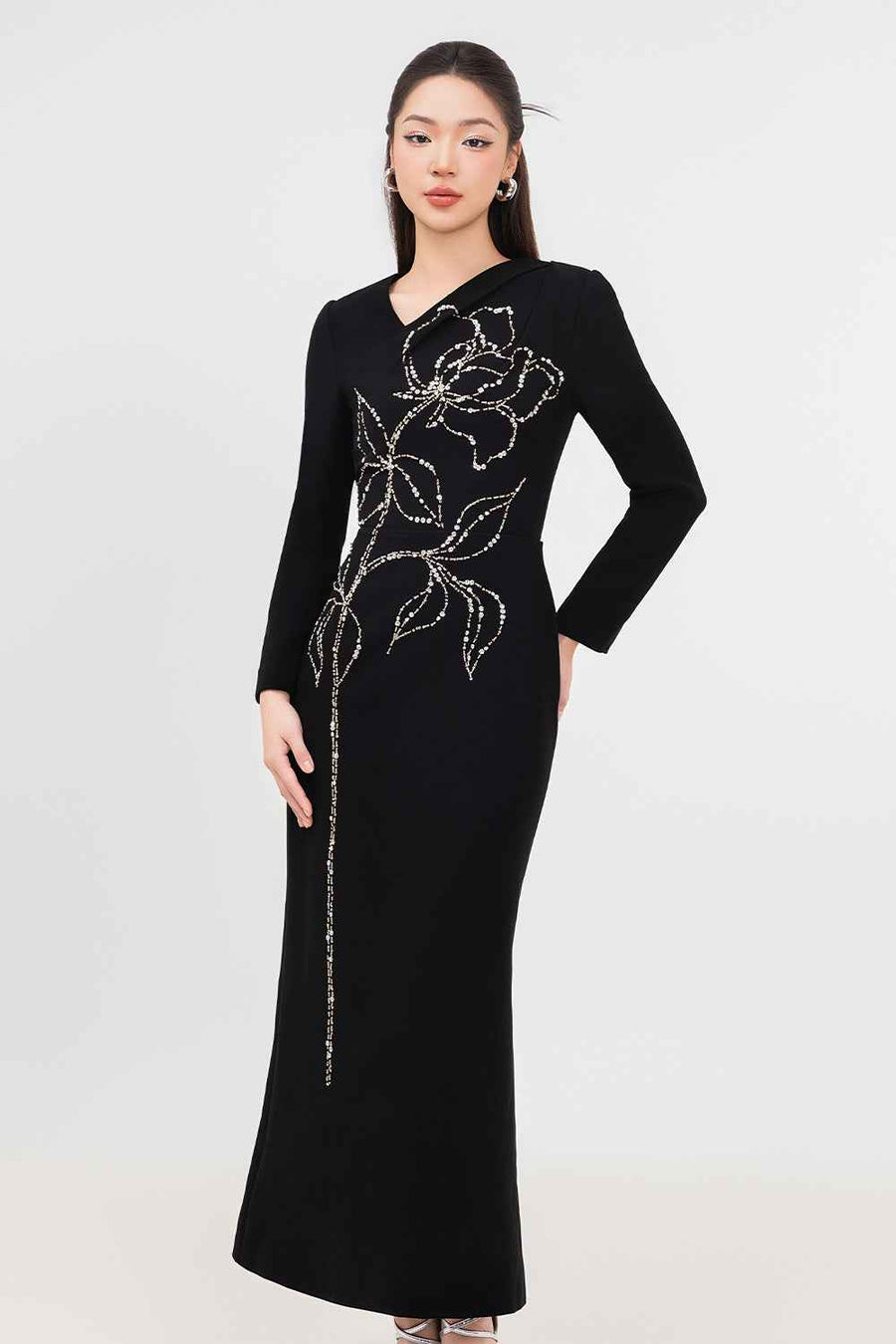 Celeste Trumpet Diagonal Neck Velvet Ankle Length Dress Maxi Dress IVY moda
