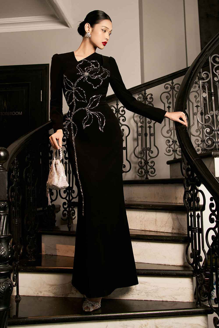 Celeste Trumpet Diagonal Neck Velvet Ankle Length Dress Maxi Dress IVY moda