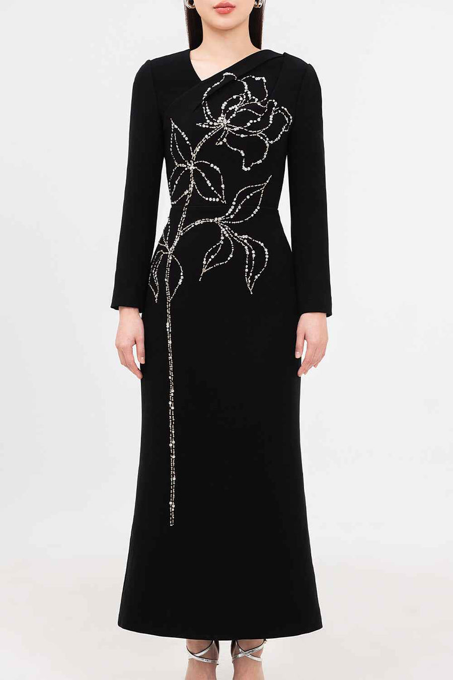 Celeste Trumpet Diagonal Neck Velvet Ankle Length Dress Maxi Dress IVY moda