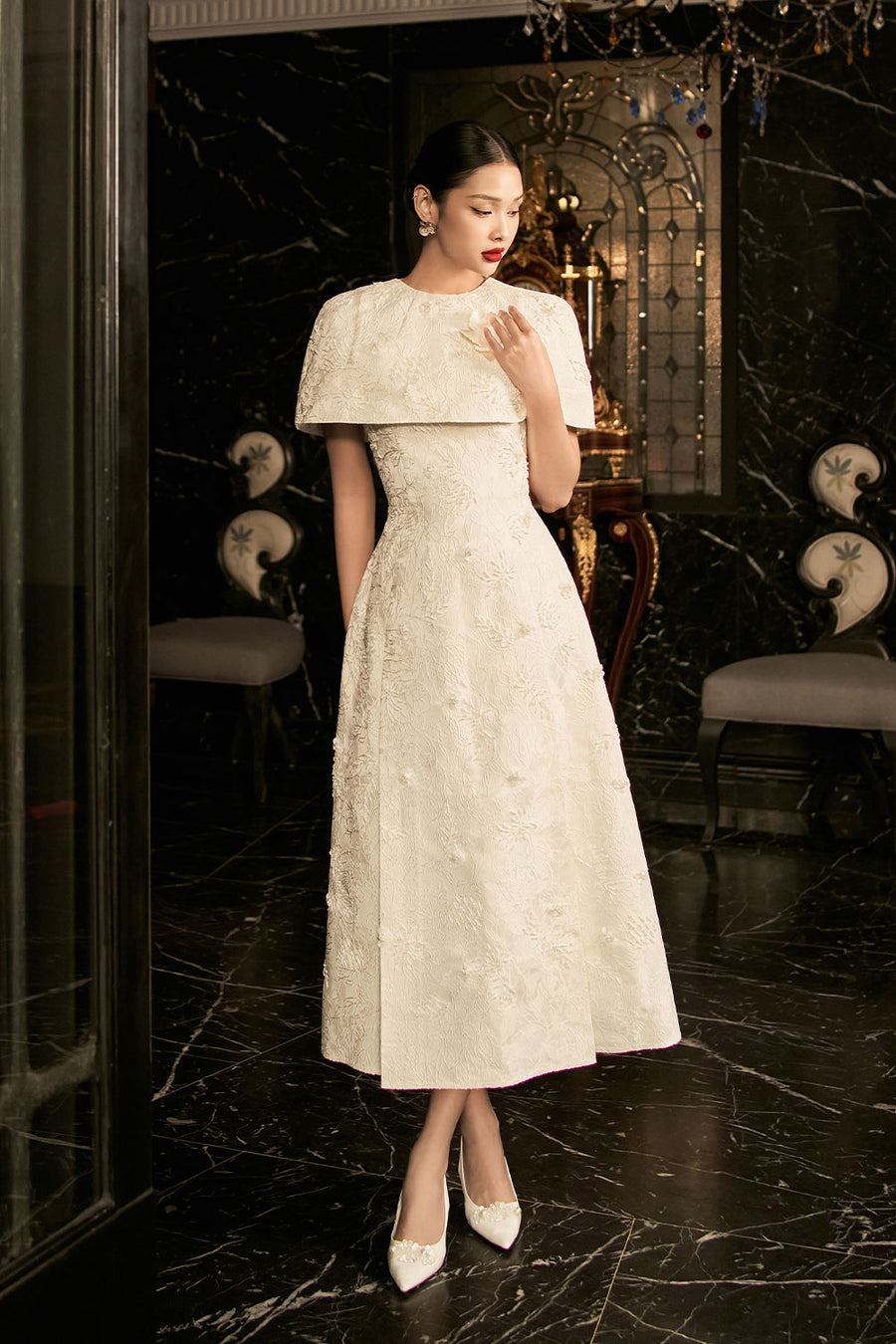 Sophia A-line Cape Shoulder Jacquard Calf Length Dress Midi Dress IVY moda