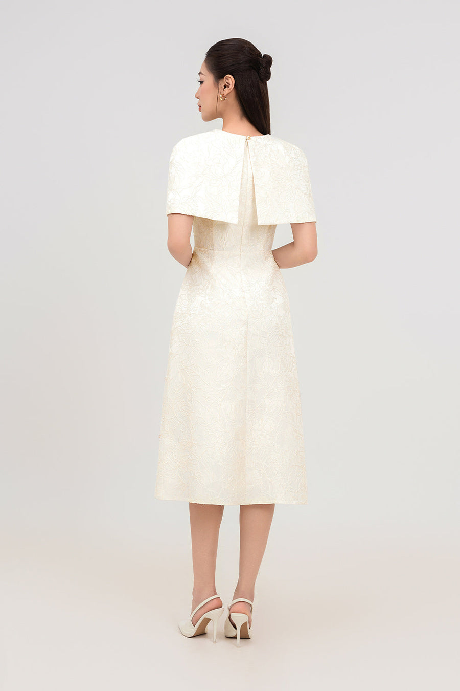 Sophia A-line Cape Shoulder Jacquard Calf Length Dress Midi Dress IVY moda