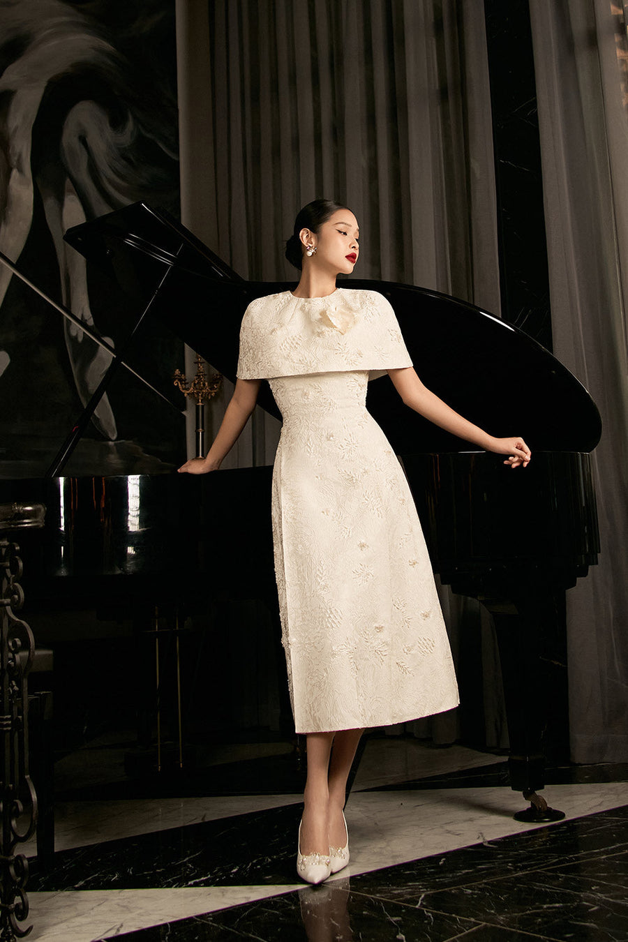 Sophia A-line Cape Shoulder Jacquard Calf Length Dress Midi Dress IVY moda