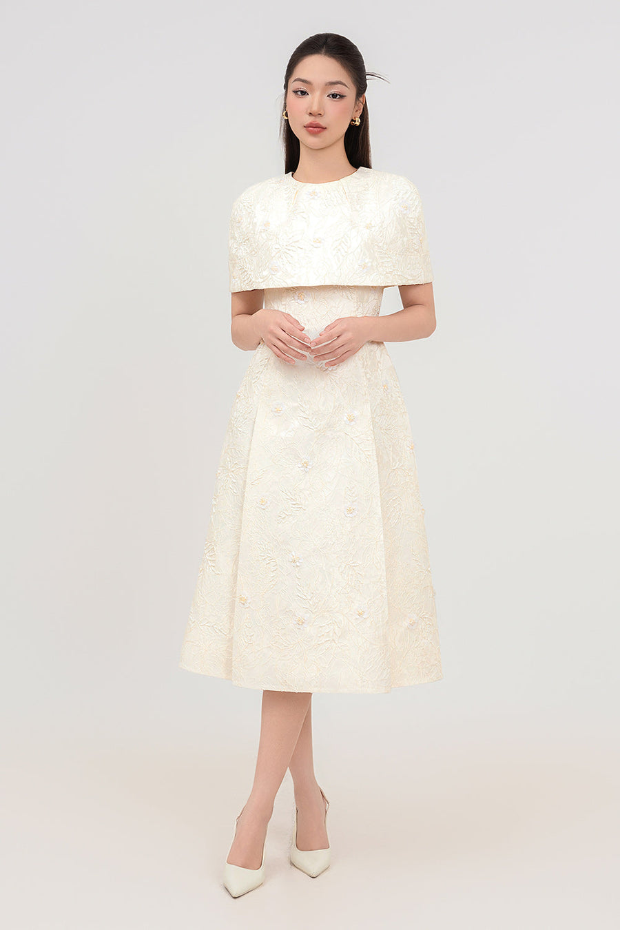 Sophia A-line Cape Shoulder Jacquard Calf Length Dress Midi Dress IVY moda