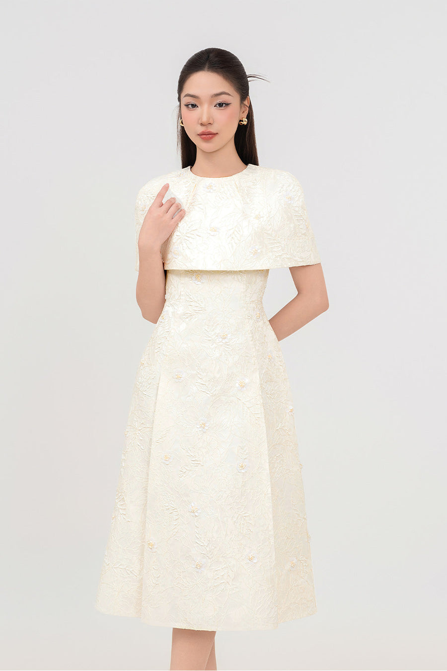 Sophia A-line Cape Shoulder Jacquard Calf Length Dress Midi Dress IVY moda